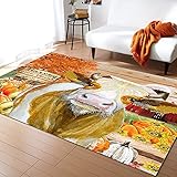 Teppiche Thanksgiving-Kuh, Nutztiere, Herbsternte, Kürbisse, Ländliche Holzmaserung Bereich Teppich Resistente Fußmatte Rutschfester Haustürmatte Für Garten Flur Eingang 120X160Cm