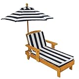 KidKraft Outdoor Liegestuhl mit Sonnenschirm für Kinder, Sonnenliege mit Kissen Weiß Marineblau gestreift, Gartenmöbel aus Holz für Kinder, 105