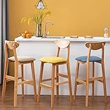 Barhocker, Retro-Barhocker, Massivholz-Esszimmerstuhl, Wohnmöbel, Küche, Restauranthocker mit Rückenlehne und Kissen aus Baumwollleinen (Größe: 63 cm, Farbe: Grau) (Gelb 63 cm)