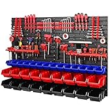 PAFEN Werkstattregal Lagersystem - 1152 x 780 mm - Wandregal mit Stapelboxen Werkzeughalter - Schüttenregal Wandplatten Extra Starke (Blau/Rot/Schwarz)