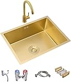 Küchenspülen Spülen Einzelbecken, 304 Edelstahl Gold Spüle, mit Wasserhahn, Badezimmer Waschbecken Zubehör (Farbe : Gold, Größe : 55 * 40 * 21cm)