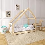 NeedSleep® Hausbett 90x200 cm mit Lattenrost | Montessori Kinderbett Bodenbett | Einzellbett Jugendbett Holzhaus Kinder Bett Holz | Asymmetrisch