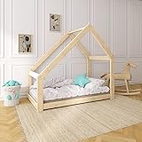 NeedSleep® Hausbett 90x200 cm mit Lattenrost | Montessori Kinderbett Bodenbett | Einzellbett Jugendbett Holzhaus Kinder Bett Holz | Asymmetrisch