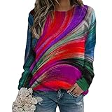 HOOUDO Damen Tshirt Elegant Top-Farbe Lange Ausschnitt Frauen Sweatshirt-Pulli Druck lose Ärmelstrahlen Runde Damenbluse Sommer Sonne Aperol