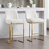Wahson Samt Barhocker 2er Set Küchenhocker mit Lehne Barstuhl mit goldenem Metallbein für Kücheninsel/Hausbar, Weiß