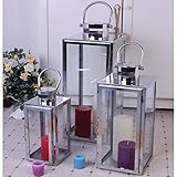 INDA-Exclusiv XXL Luxus 3er Set Gartenlaternen Set aus Edelstahl Windlicht Laterne Edelstahl-Laternen Glas 30/40 / 53 cm Silber