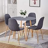 GOLDFAN Esstisch mit 4 Stühlen Esstisch Rund Holz Küchentisch Set Esszimmerstuhl aus Stoff Küchenstuhl, Grau