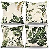 4er Set Wasserdichte Kissenhüllen 45x45 cm Tropische Palme grüne Blätter Muster Kissenbezug Moderne Sommer Haus Dekorativ Outdoor Kissenhülle für Couch Sofa Bett Auto Schlafzimmer Wohnzimmer (A)