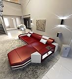 Ledersofa Prato L Form Sofa - mit LED Beleuchtung, verstellbare Kopfstützen, Recamiere/Lederfarben wählbar/Ausrichtung wählbar (Ottomane rechts, Rot-Weiß)