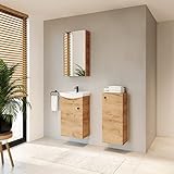 Planetmöbel Badset komplett aus Unterschrank 45cm mit Waschbecken, Spiegelschrank und 1x Midischrank in Gold Eiche, Komplettset für Badezimmer 4-teilig