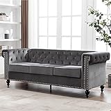 TVIAOH 3-Sitzer Sofa Chesterfield mit edler Knopfheftung und typischen Armlehnen 3-Sitzer Sofa, Couch für Wohnzimmer, Bezug aus Samt, für Wohnungen, Holzgestell, Metallbeine, einfacher Aufbau (Grau)