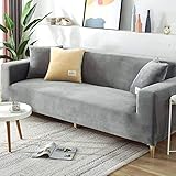 JENEK Samt-Sofabezug sofabezug Sofa überzug ecksofa weicher Plüsch-Sofaschutz sofabezug ecksofa l Form Stretchbezug für Sofa und Armlehnen, überzug Sofa Möbelschutz,Hellgrau-3Seater 190-220CM