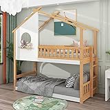 ModernLuxe Kinderbett Hochbett, Hausbett 90 x 200 mit Rausfallschutz Robuste, Etagenbett mit Lattenrosten, Rahmen aus Kiefernholz für Kinder (ohne Matratze) (Nature)