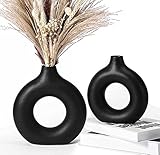 Keramik Vase für Pampasgras 2PCS Schwarz Groß+Mittel,Modern Zimmer Deko Donut Vasen Matt,für Blumen Pampasgras Tabelle Bücherregal Kaminsims Wohnzimmer Schlafzimmer Büro Hochzeit Party Geschenk