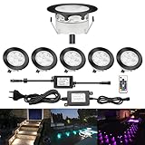 CHNXU 6er Set Treppen Bodeneinbaustrahler RGBWW Ø60mm LED Terrassen Einbaustrahler Außen RGB + Warmweiß DC 12V 1W Bodeneinbaustrahler IP67 Wasserdicht Einbauspots für Garten Balkon Holzdeck, Schwarz