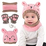 Hut Schal und Handschuhe Set, Rosa Winter Baby Mütze Schal Handschuhe für Kleinkind Kinder, Wintermütze Halstuch Flauschige Nackenwärmer Hüte und Handschuhe Geschenke für Mädchen Jungen 1-4 Jahre