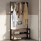 Eingangsbereich aus Holz mit Stauraum und 10 Haken, Eingangsbank mit freistehender Garderobe und Schuhregal, Wohnmöbel, 3-in-1-Kleiderständer, einfache Montage, Vintage-Braun