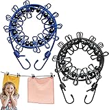 2 Stück tragbare Wäscheleine, elastische Reise-Wäscheleine, verstellbar, einziehbar, winddicht, Wäscheleine mit 12 Draht-Clips für Camping, Reisen, Wäsche, Trocknen im Freien (schwarz + blau)