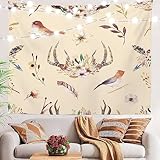 UTUMAX Drucke für Wände 150 x 150 cm Ein Hirschschädel-Tapisserie, Geweih Bohemiamn Aquarell Blumen Western Große Wandbehang Polyester-Tischdecken Raumdekoration