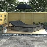 Bounv Outdoor-Loungebett mit Sonnenschirm Doppelliege Outdoor 2 Personen Liege Garten Sonnenschirm Für Liegestuhl Doppelliege Mit Dach Poly Rattan Grau