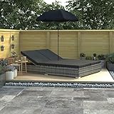 Bounv Outdoor-Loungebett mit Sonnenschirm Doppelliege Outdoor 2 Personen Liege Garten Sonnenschirm Für Liegestuhl Doppelliege Mit Dach Poly Rattan Grau