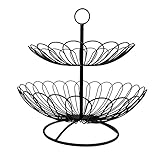 ROBAUN Obstkorb, 2-stöckige Obstschale Mit Griff, Abnehmbares Obsthalter Aus Metalldraht Auf Der Küchenarbeitsplatte Zum Organisieren, Obst Etagere Zum Gemüse Brot Snacks Süßigkeiten- Black