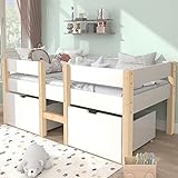 ANATUM Bett Kinderbett mit Schublade und Rausfallschutz, Kiefer-Vollholz-90x200 cm-Weiß & Eiche
