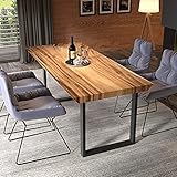 Conte Caserta Esstisch Holz massiv 160x80 cm, aus Einer 6 cm dicken Vollholz Baumscheibe mit geradem Kantenverlauf. Massiver Esstisch/Schreibtisch Akazie mit Stahl-Untergestell Bangkok in schwarz