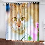 Vorhang Wärmeisolierend 2Er Set 3D Niedliche Modische Orange Katze Muster Für Schlafzimmer 234x230 cm Gardinen Verdunklungsvorhänge Blickdicht Vorhänge Set Mit Ösen, Kälteschutz Wohnzimmer Kinderzim