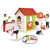 FEBER - Multi-Activity House 6in1, Kinderhaus mit 6 Aktivitäten, Bowling, Schläger, Ballspiele, Fußball, Basketball, Klett-Dartscheibe, Nachahmungsspiele, ab 3 Jahren, Berühmt (FEH15000)