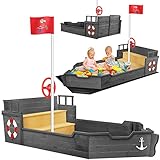 KIDIZ® Sandkasten AHOI - Piratenschiff Boot Segelschiff aus Holz Inkl. Abdeckung, Bodenplane, Sitzbank, Flaggenmast | Große Kinder Sandkiste für den Garten | Outdoor Sandbox Antrazit