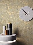 NEWROOM Tapete Beige Vliestapete Glänzend - Mustertapete Ethno Schwarz Ocker Kreise Spirale Metallic Glamour Baumscheibe inkl. Tapezier-Ratgeber