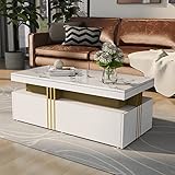 Moderner rechteckiger Couchtisch mit PVC-Musterplatte und 2 Holzschubladen, Wohnzimmertisch, Tisch, 100 * 50 * 40cm (Weiß)