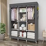 PLKO Tragbarer Kleiderschrank, Schrank-Aufbewahrungs-Organizer, tragbarer Kleiderschrank, Rolltür-Kleiderschrank mit schwarzem Oxford-Stoffbezug (grau)