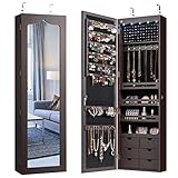 RELAX4LIFE Schmuckschrank mit automatischen LEDs, Schmuckregal mit 6 Schubladen & 3 Lagerregalen & Spiegel, Schmuckorganizer für Ohrringe Armband Kette Ringe Kosmetik, Tür- & Wandmontage (Braun)