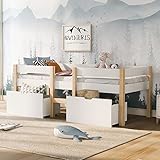Merax Holzbett Einzelbett | Kinderbett | 90 x 190 cm | mit Schublade | Massivholz | Bettgestell | Lattenrost | Stauraumbett | Absturzsicherung | Kieferbett | Weiß & Eiche