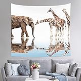 PSVOD Wandteppich mit Giraffe und Elefant, zum Aufhängen, Schlafzimmer, Wohnzimmer, Stoff, Heimdekoration, Wanddekoration, 152 x 130 cm