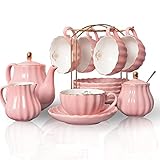 Sweejar Home 22 Stück Europäischen Stil Tee Service, Teetasse und Untertasse Set, Keramik Kaffeeset, Tee-Set Royal Family aus Porzellan, für 6 Personen, 225 ml-Tassen rose