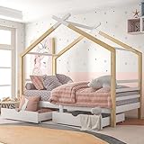 GBHJJ Kinderbett Hausbett mit Schubladen, Massivholz mit Lattenrost, Kiefernholz Hausbett, Kinder und Jugendzimmer, weiß+holzfarbe (90x200cm)