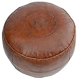 Leder Sitzpouf Pouf Sitzwüfel Sitzkissen Hocker Bodenkissen, Farbe Hellbraun, Ø 44 x H 33 cm, inklusive Füllung, Echtes Leder handmade Marokkanisch Asiatisch Vintage-Design