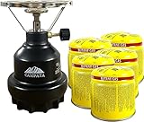 Campata mini tragbarer Gaskocher Set | Metall Campingkocher + 5 Gaskartuschen | 190g C200 Gas, Stechkartusche, Kartuschenkocher | (Schwarz)