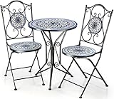 Kobolo Sitzgruppe Gartenmöbel Mosaikoptik - 1 Tisch - 2 Stühle - Metall - blau-weiß