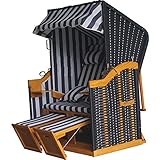 acamp Strandkorb wetterfest Sylt | Optimaler Sitzkomfort Dank Verstellbarer Rückenlehne, Fußhockern & Dach | Strandkorb 2-Sitzer aus FSC®-zertifiziertem Holz | Kissen blau-weiß gestreift