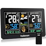 Kalawen Wetterstation Funk mit Außensensor, Digital Farbdisplay Funkwetterstation DCF-Funkuhr Multifunktionale Wetterstation Thermometer Hygrometer Innen und Außen LCD-Display mit Wettervorhersage