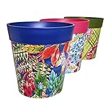 Hum Flowerpots, 22 cm, 3er-Set, in Verschiedenen Farben und Mustern, Blumentöpfe aus Kunststoff für Drinnen und Draußen, Mehrfarbiges Blumenmuster