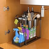 Lannvan Spülschrank Organizer,2 Etagen Unter Waschbecken Regal Herausziehbarer Küchen Organizer mit 4 Haken und 2 Tasse, Under Sink Organizer für Küche,Spülbecken,Bad,Schrank,Schwarz