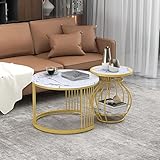 Neegaurd Couchtisch 2er Set Rund, Holz Couchtisch Gold, Kaffeetisch Sofatisch Wohnzimmertisch Modern Design, Beistelltisch Weiss, Coffee Table, Sofatisch fürs Wohnzimmer Balkon