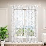 WOLTU VH6059gr-2, 2er Set Gardinen transparent Blumen Stickerei mit Schlaufen Leinen Optik, Doppelpack Vorhang Stores Voile Fensterschal Dekoschal für Wohnzimmer Schlafzimmer, 140x225 cm, Grau