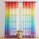 NICETOWN 2 Stücke Kinderzimmer Gardinen Farbverlauf - H 245 x B 140 cm Regenbogen Farbverlauf Vorhänge für Kinderzimmer Dekoschals Halbtransparente Voile Gardinen mit Ösen, Regenbogen