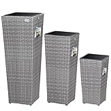 Casaria Blumentopf 3er Set Polyrattangeflecht Übertopf Wasserabfluss Rattanoptik Outdoor Pflanzkübel Blumenkasten Grau